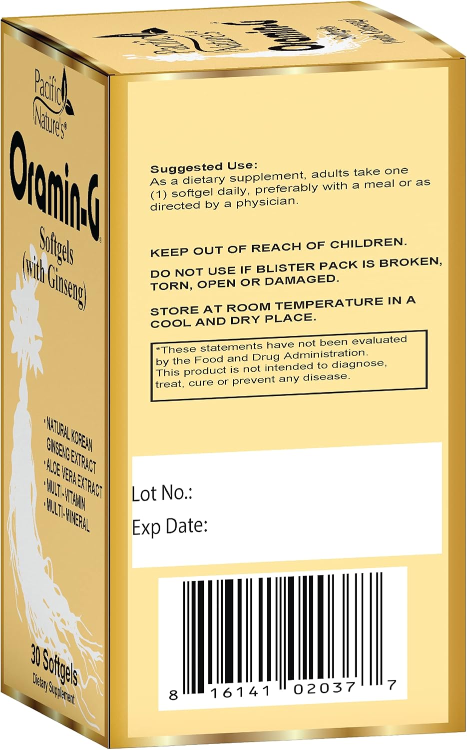 Pack of 2 Pacific Nature's Oramin G Softgels with Korean Ginseng, Aloe Vera, Vitamin B Complex, and Zinc for Energy, Immunity, & Nutritional Support