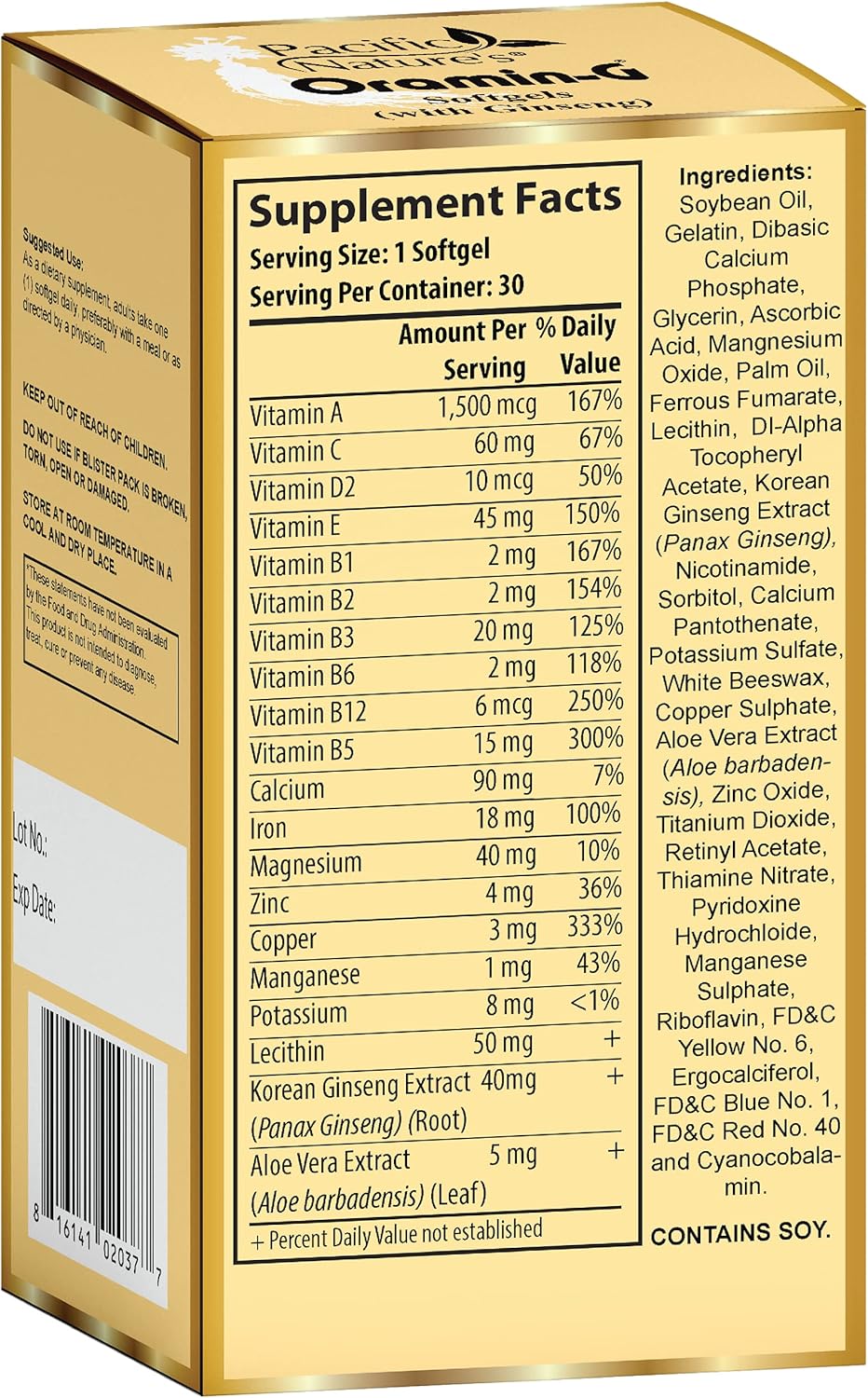 Pack of 2 Pacific Nature's Oramin G Softgels with Korean Ginseng, Aloe Vera, Vitamin B Complex, and Zinc for Energy, Immunity, & Nutritional Support