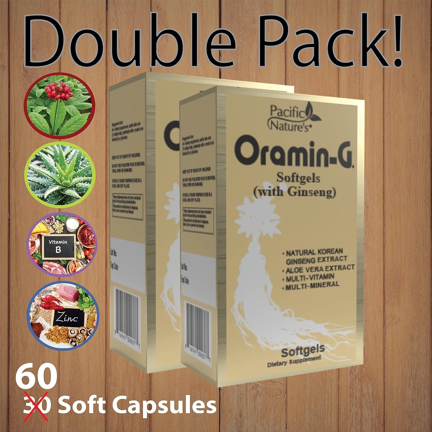 Pack of 2 Pacific Nature's Oramin G Softgels with Korean Ginseng, Aloe Vera, Vitamin B Complex, and Zinc for Energy, Immunity, & Nutritional Support