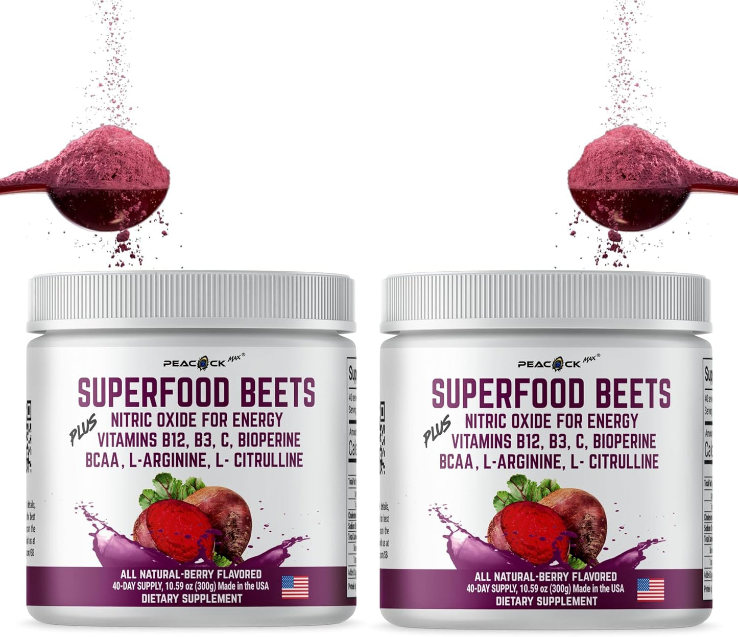 Pack of 2 Peacock Max Berry Beet Root Powder 10.59 oz - Nitric Oxide Booster Superfood with Green Tea Extract & Amino Acids for Heart Health & Circulation Support