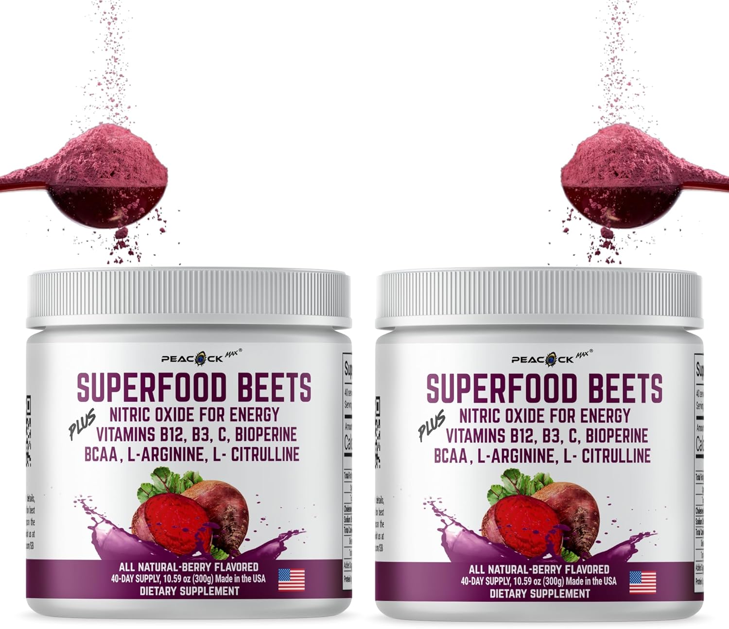 Pack of 2 Peacock Max Berry Beet Root Powder 10.59 oz - Nitric Oxide Booster Superfood with Green Tea Extract & Amino Acids for Heart Health & Circulation Support