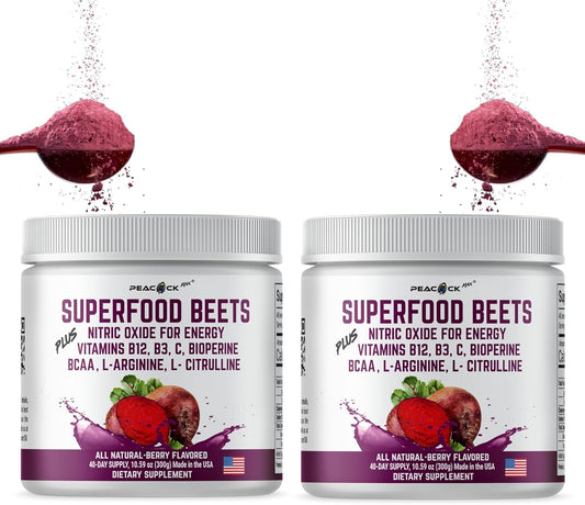 Pack of 2 Peacock Max Berry Beet Root Powder 10.59 oz - Nitric Oxide Booster Superfood with Green Tea Extract & Amino Acids for Heart Health & Circulation Support