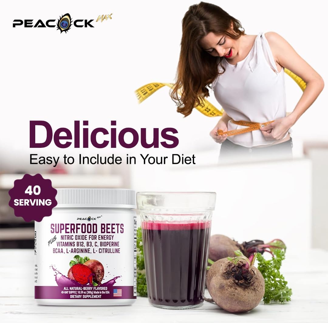 Pack of 2 Peacock Max Berry Beet Root Powder 10.59 oz - Nitric Oxide Booster Superfood with Green Tea Extract & Amino Acids for Heart Health & Circulation Support