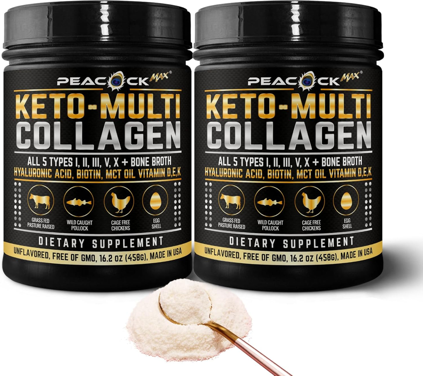 Pack of 2 Peacock Max Keto Multi Collagen Peptides 16.2 oz - Unflavored Bone Broth Protein Powder with MCT Oil for Joint, Skin, Hair & Gut Health