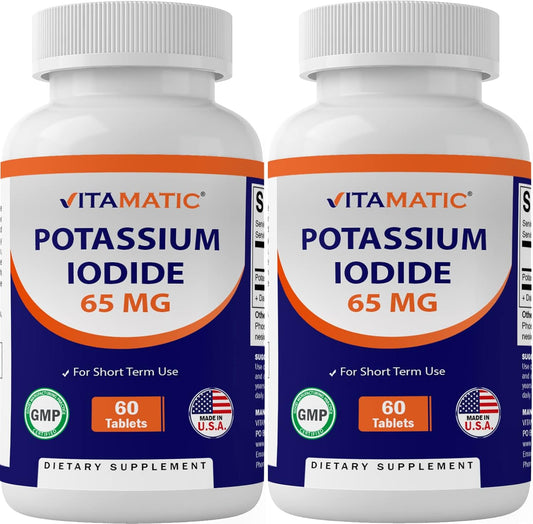 Pack of 2 Vitamatic Potassium Iodide 65 mg Tablets - Thyroid Support Supplement with KI - 120 Pills Total