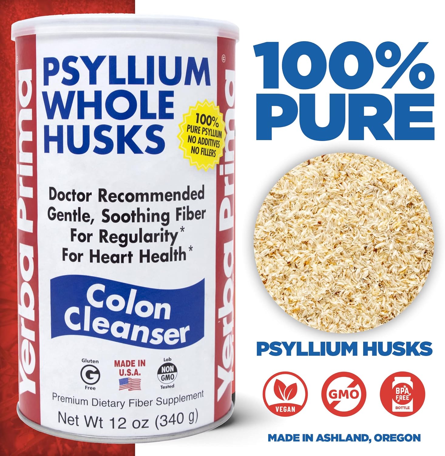 Pack of 2 Yerba Prima Psyllium Whole Husks Colon Cleanser 12 oz - All Natural Dietary Fiber, Premium Psyllium, Non-GMO, Gluten-Free - Made in USA