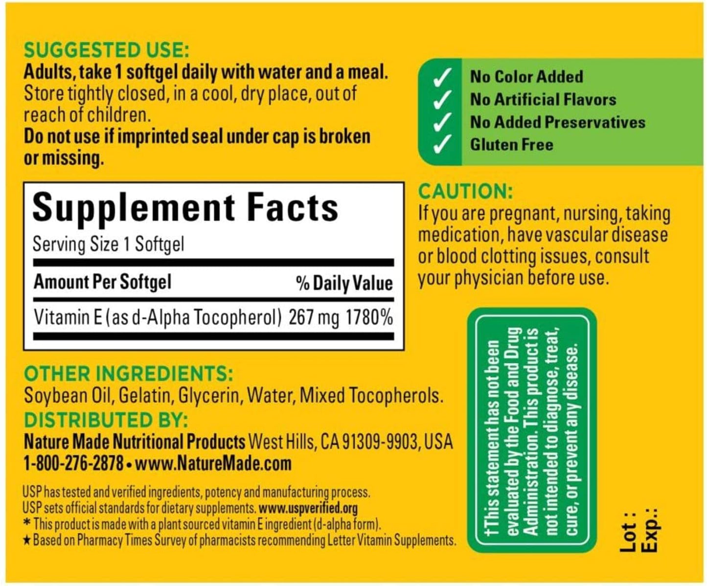 Pack of 200 Nature Made Vitamin E 400 I.U. Softgels