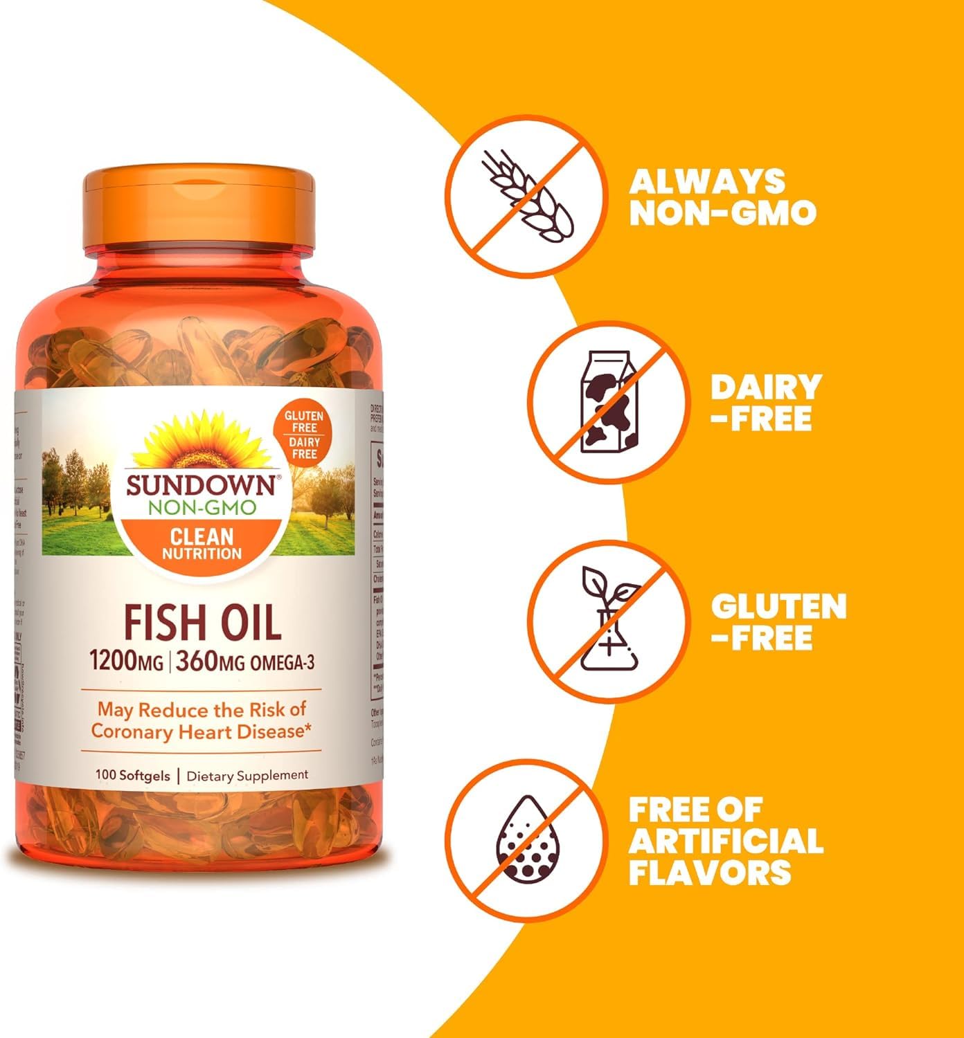Pack of 200 Softgels of Sundown Fish Oil 1200 mg, Omega-3 Dietary Supplement for Heart Health