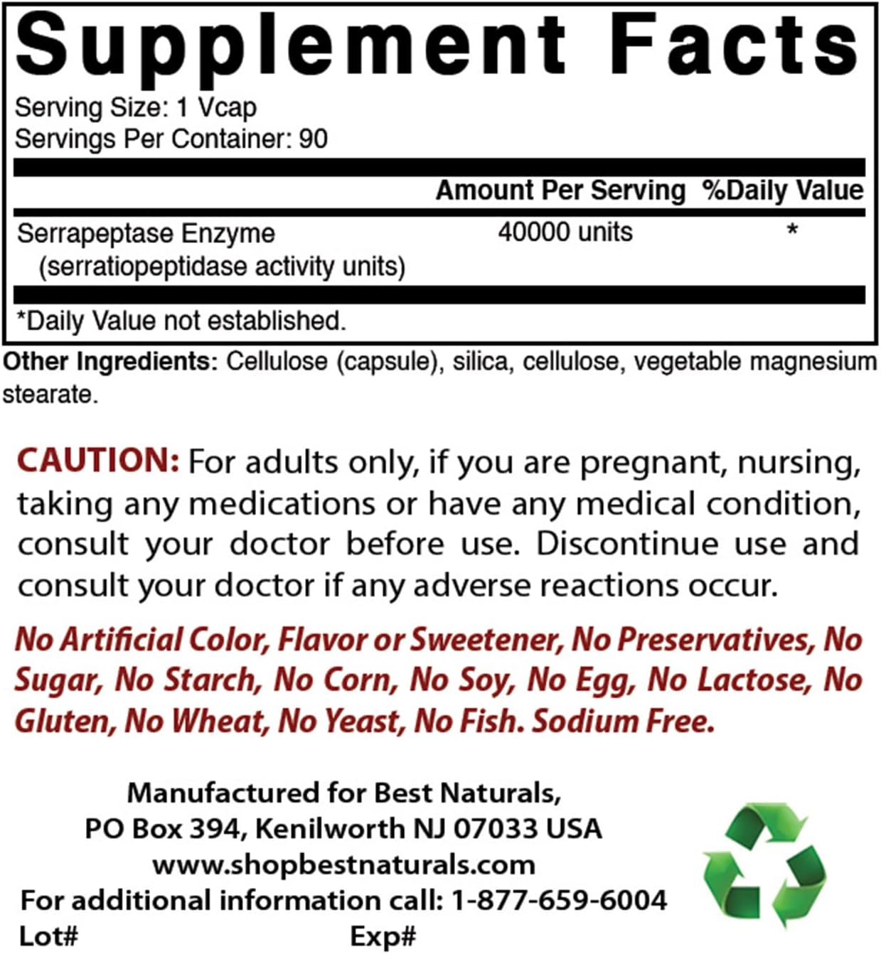 Pack of 3 Best Naturals Serrapeptase 40000 SPUs 90 Vcaps - 270 Count