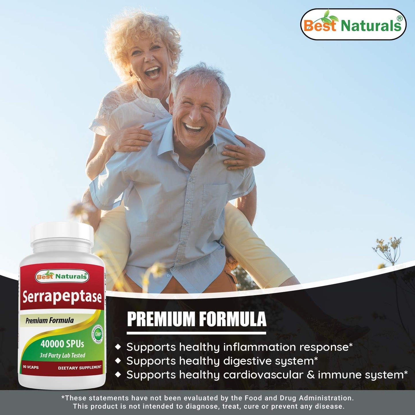 Pack of 3 Best Naturals Serrapeptase 40000 SPUs 90 Vcaps - 270 Count