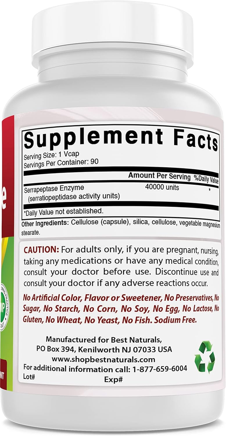 Pack of 3 Best Naturals Serrapeptase 40000 SPUs 90 Vcaps - 270 Count