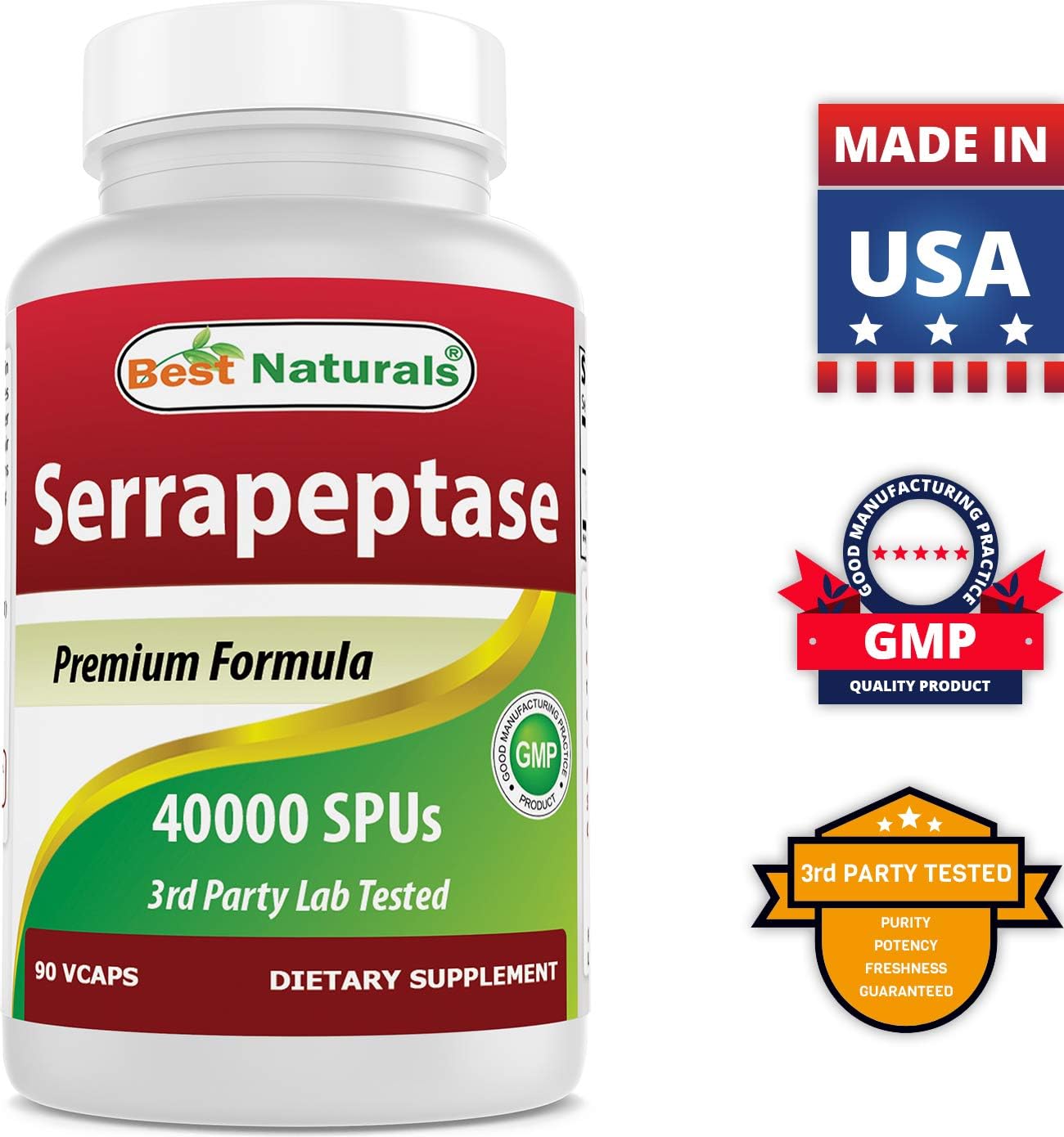 Pack of 3 Best Naturals Serrapeptase 40000 SPUs 90 Vcaps - 270 Count