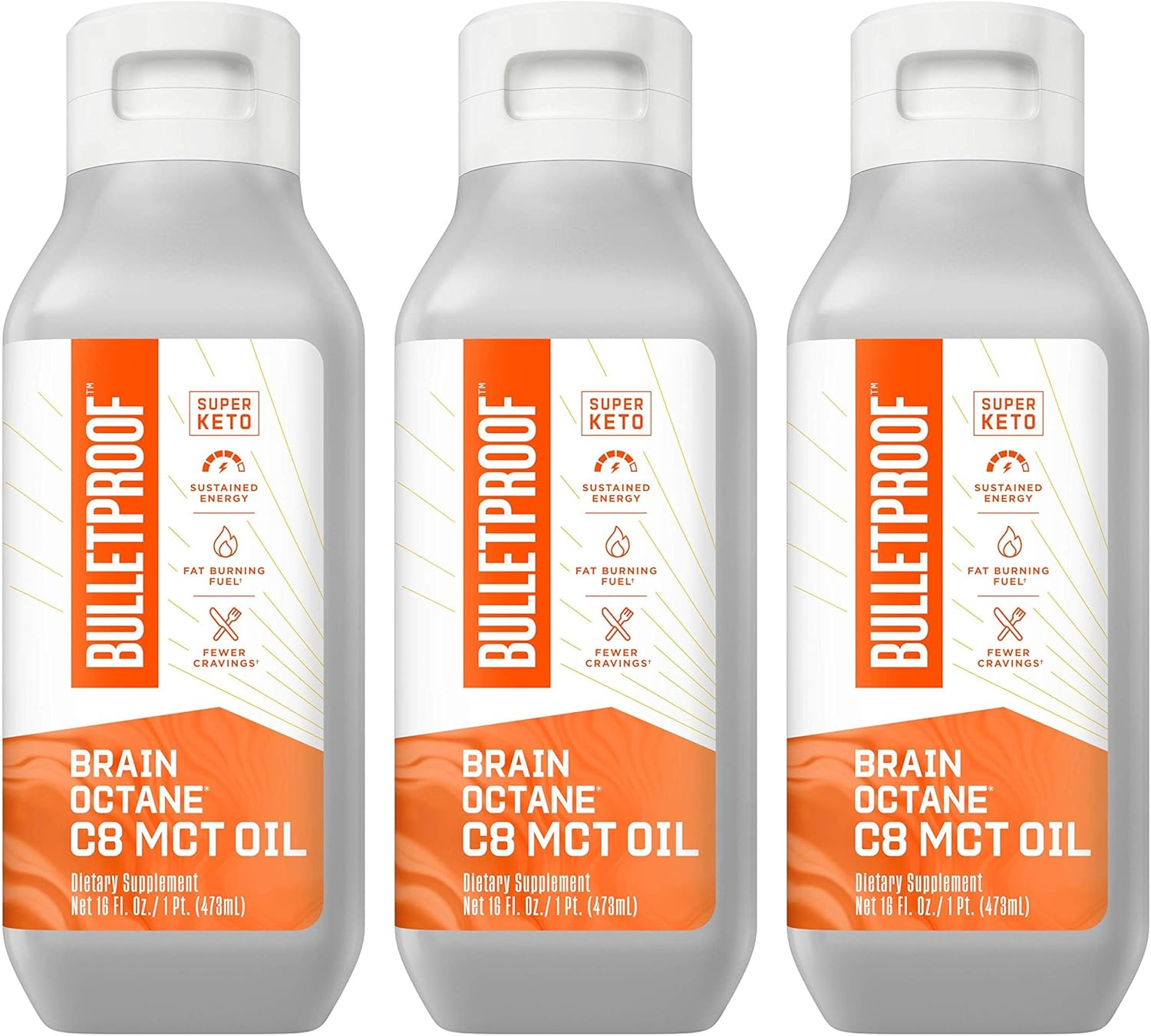 Pack of 3 Bulletproof Brain Octane C8 MCT Oil, 16 oz - Keto Supplements for Energy & Craving Control