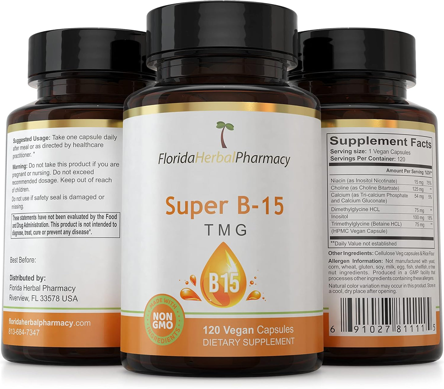 Pack of 3 Florida Herbal Pharmacy Super B-15 TMG Capsules with Pangamic Acid