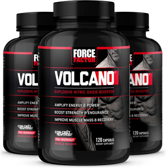 Pack of 3 FORCE FACTOR Volcano Pre Workout Nitric Oxide Booster for Men - Boost Energy, Muscle, and Blood Flow with Creatine and L-Citrulline, 120 Count
