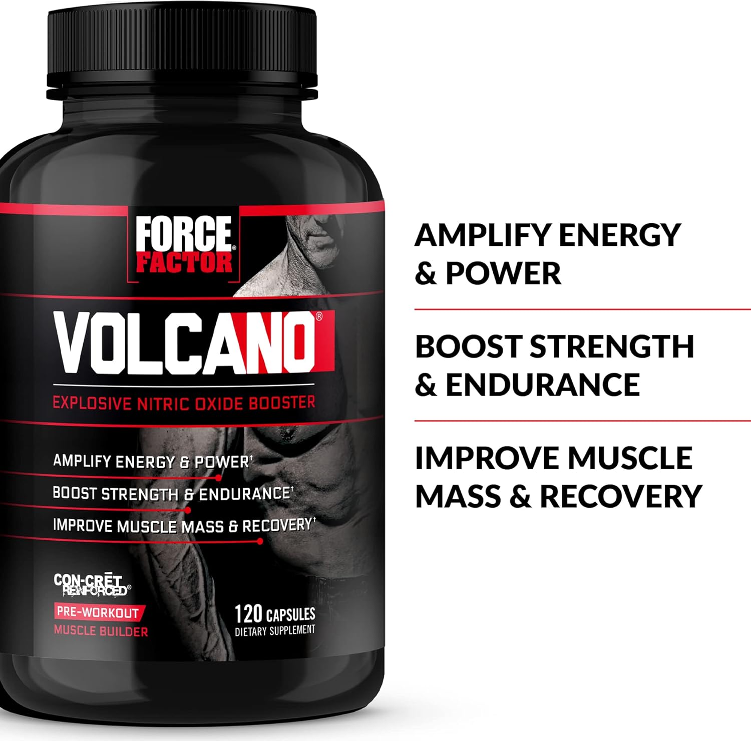 Pack of 3 FORCE FACTOR Volcano Pre Workout Nitric Oxide Booster for Men - Boost Energy, Muscle, and Blood Flow with Creatine and L-Citrulline, 120 Count