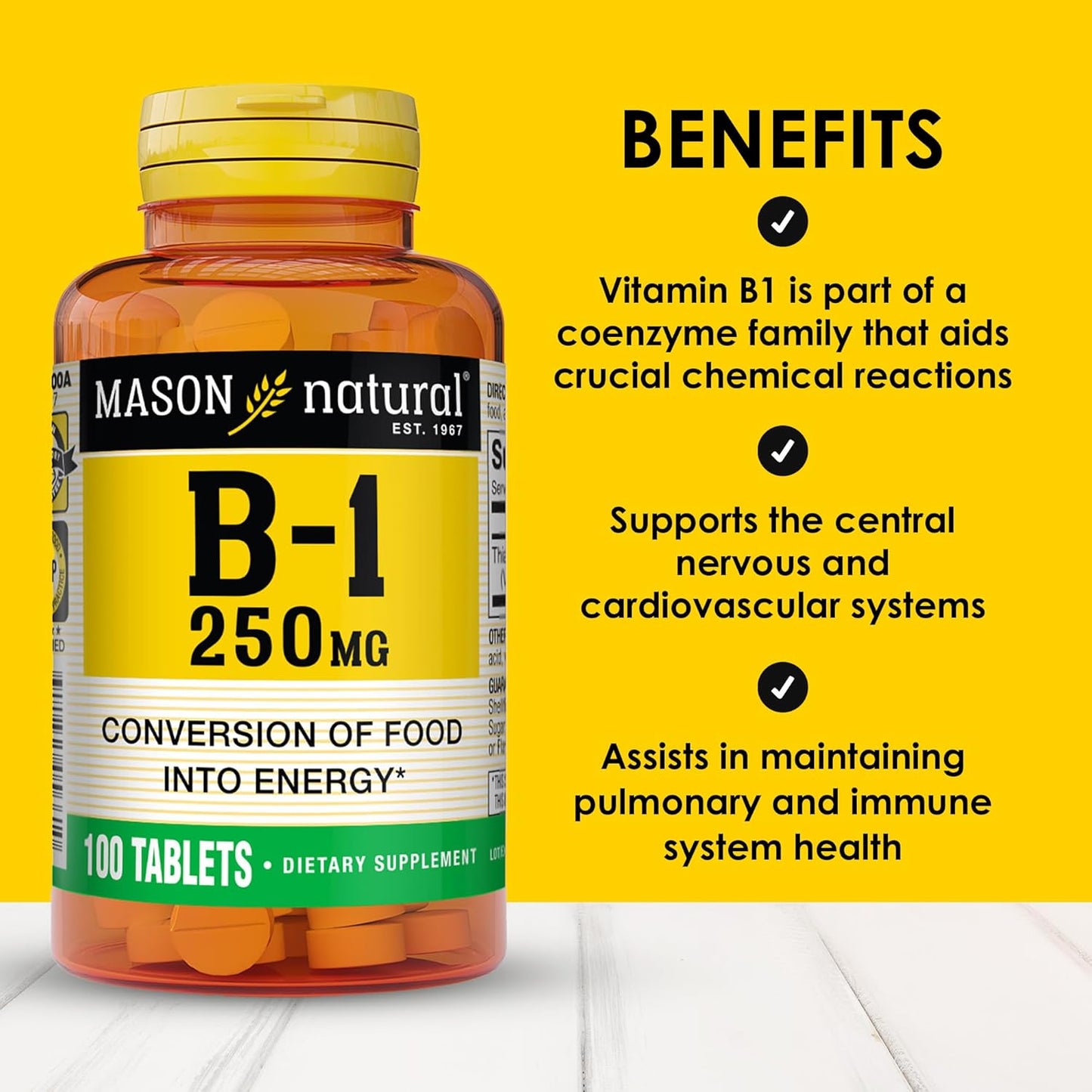 Pack of 3 Mason Natural Vitamin B1 Thiamine 250mg Tablets, 300-Day Supply for Energy Support
