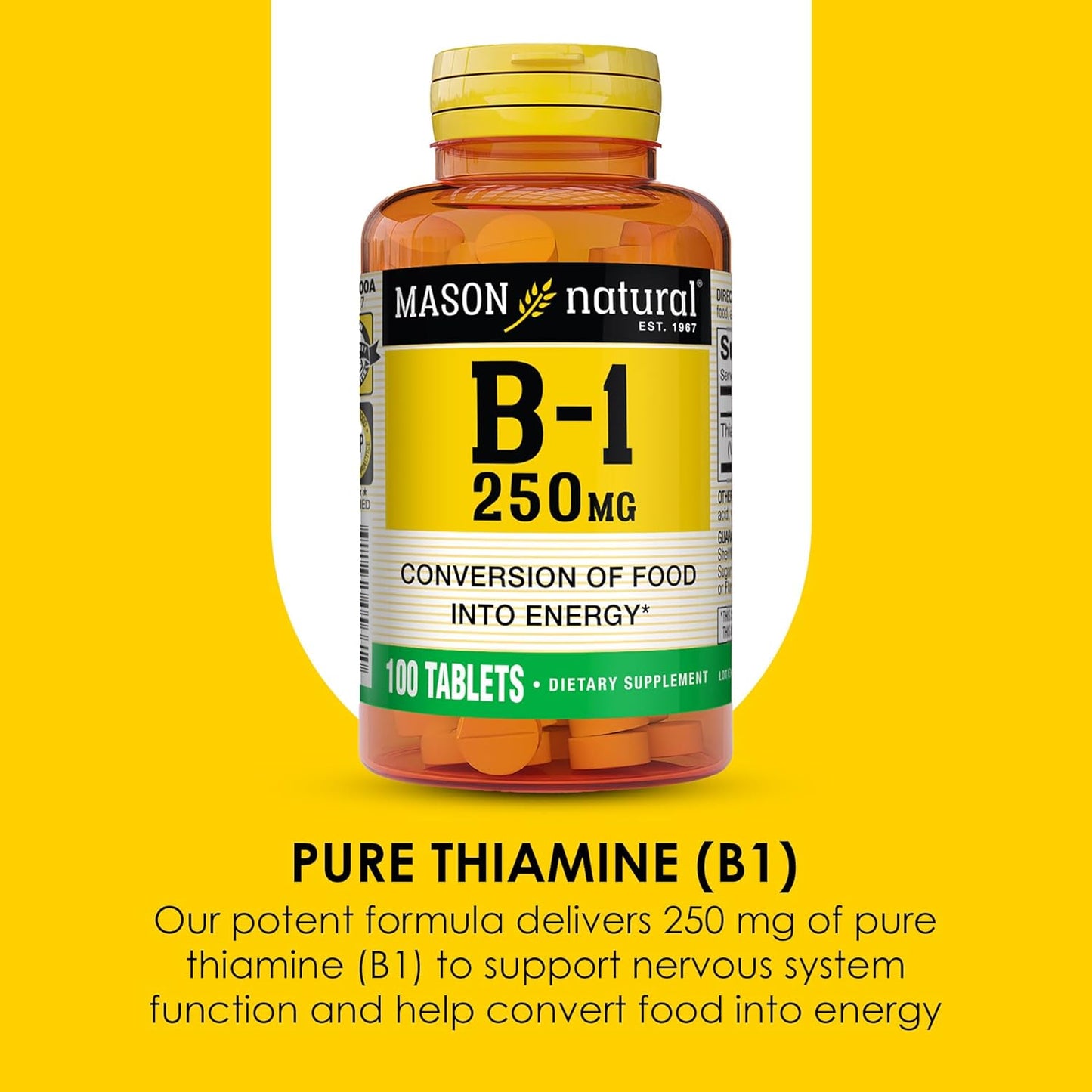 Pack of 3 Mason Natural Vitamin B1 Thiamine 250mg Tablets, 300-Day Supply for Energy Support