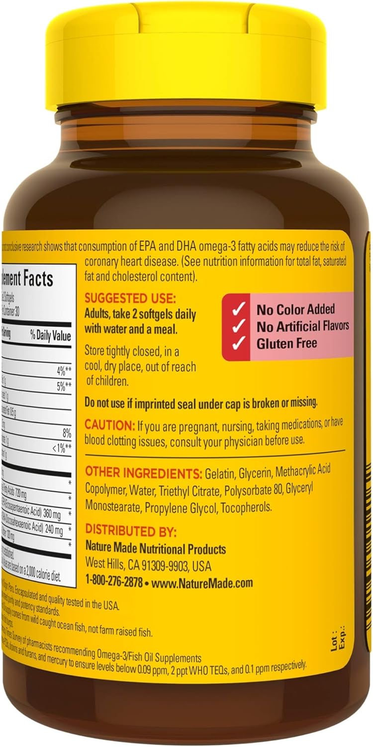 Pack of 3 Nature Made Burp-Less Fish Oil Softgels, 1200 mg Omega 3 Supplement for Heart Health