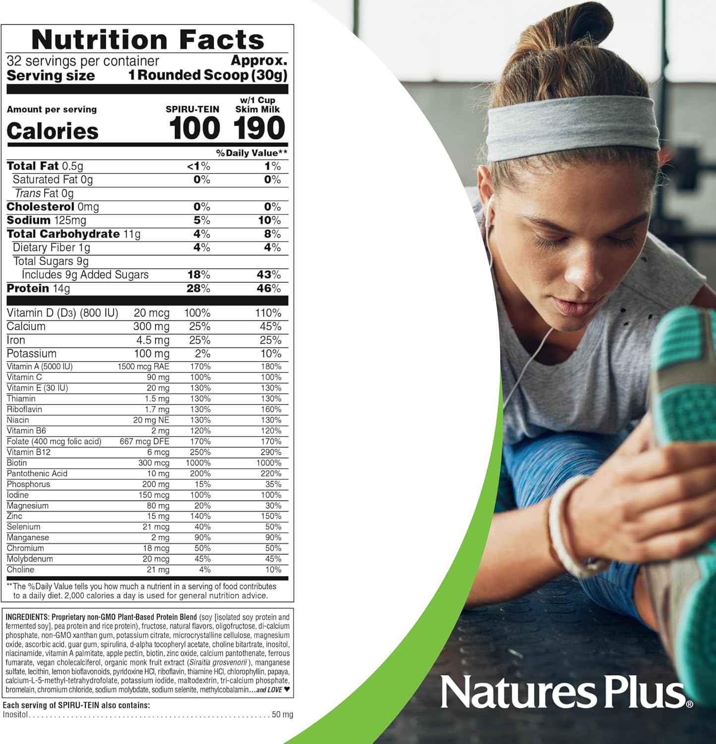 Pack of 3 Natures Plus SPIRU-TEIN Vanilla Protein Powder with Spirulina - 96 Servings - Vegetarian & Gluten Free Energy Boost