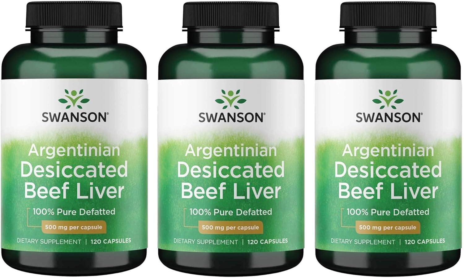 Pack of 3 Swanson Argentinian Desiccated Beef Liver Capsules - 100% Pure Defatted 500 mg (120 Count)