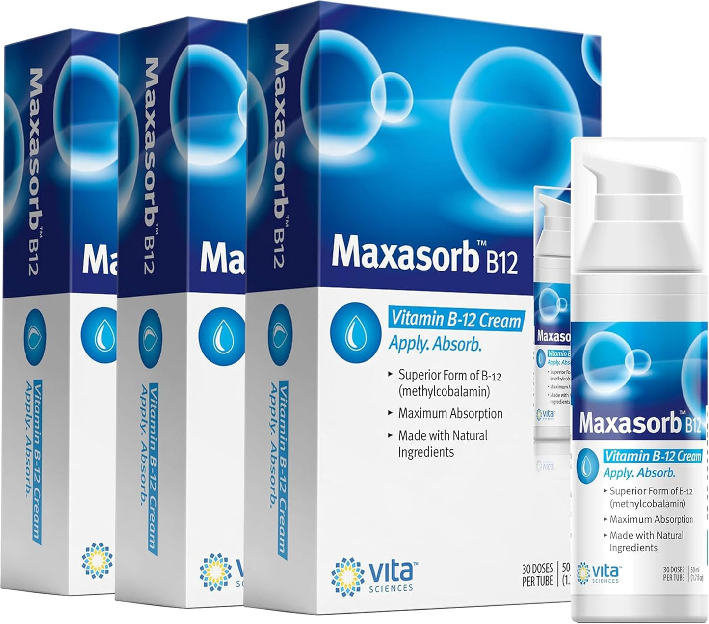 Pack of 3 Vita Sciences Maxasorb B12 Vitamin B-12 Cream 1000 mcg: Topical Methylcobalamin for Energy, Health, Glowing Skin
