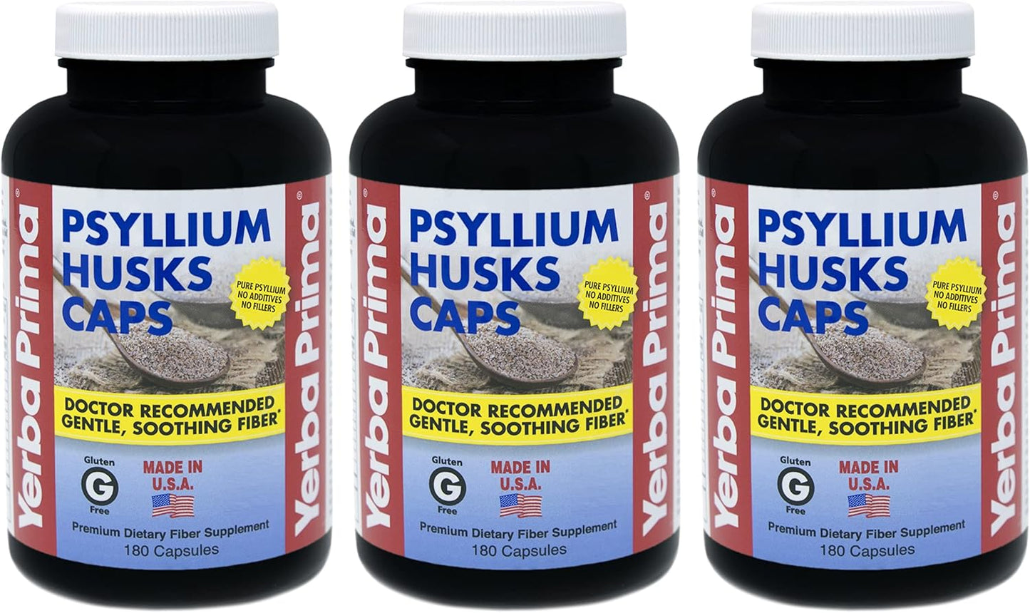 Pack of 3 Yerba Prima Psyllium Husks Caps - 180 Capsules Each - Natural Fiber Supplement for Colon Cleansing - Non-GMO & Gluten Free