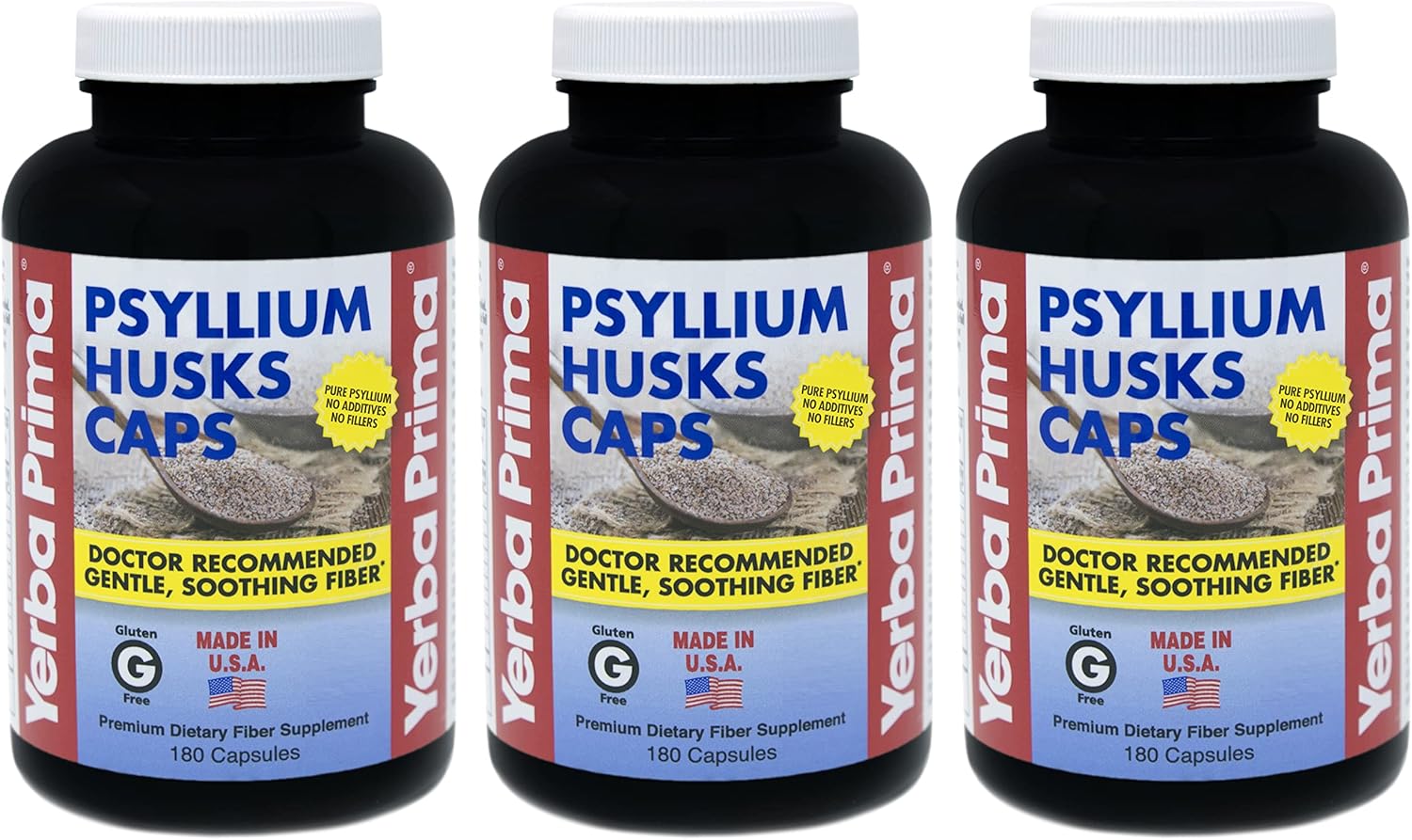 Pack of 3 Yerba Prima Psyllium Husks Caps - 180 Capsules Each - Natural Fiber Supplement for Colon Cleansing - Non-GMO & Gluten Free