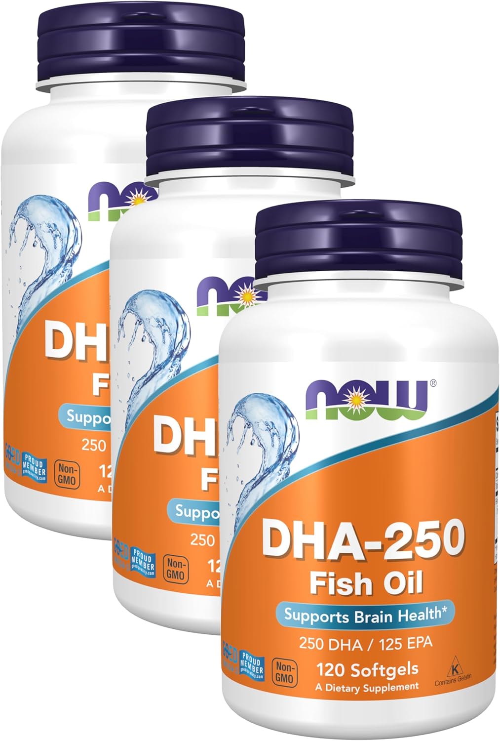 Pack of 360 Softgels NOW Supplements DHA-250 with 125 EPA, Molecularly Distilled for Brain Health Support