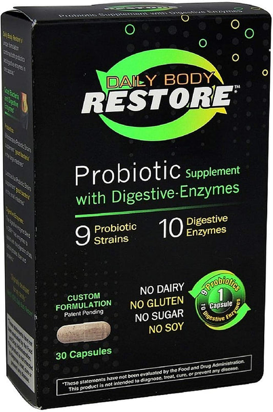 Pack of 4 Daily Body Restore Probiotic Supplement Capsules with Digestive Enzymes 30 ea