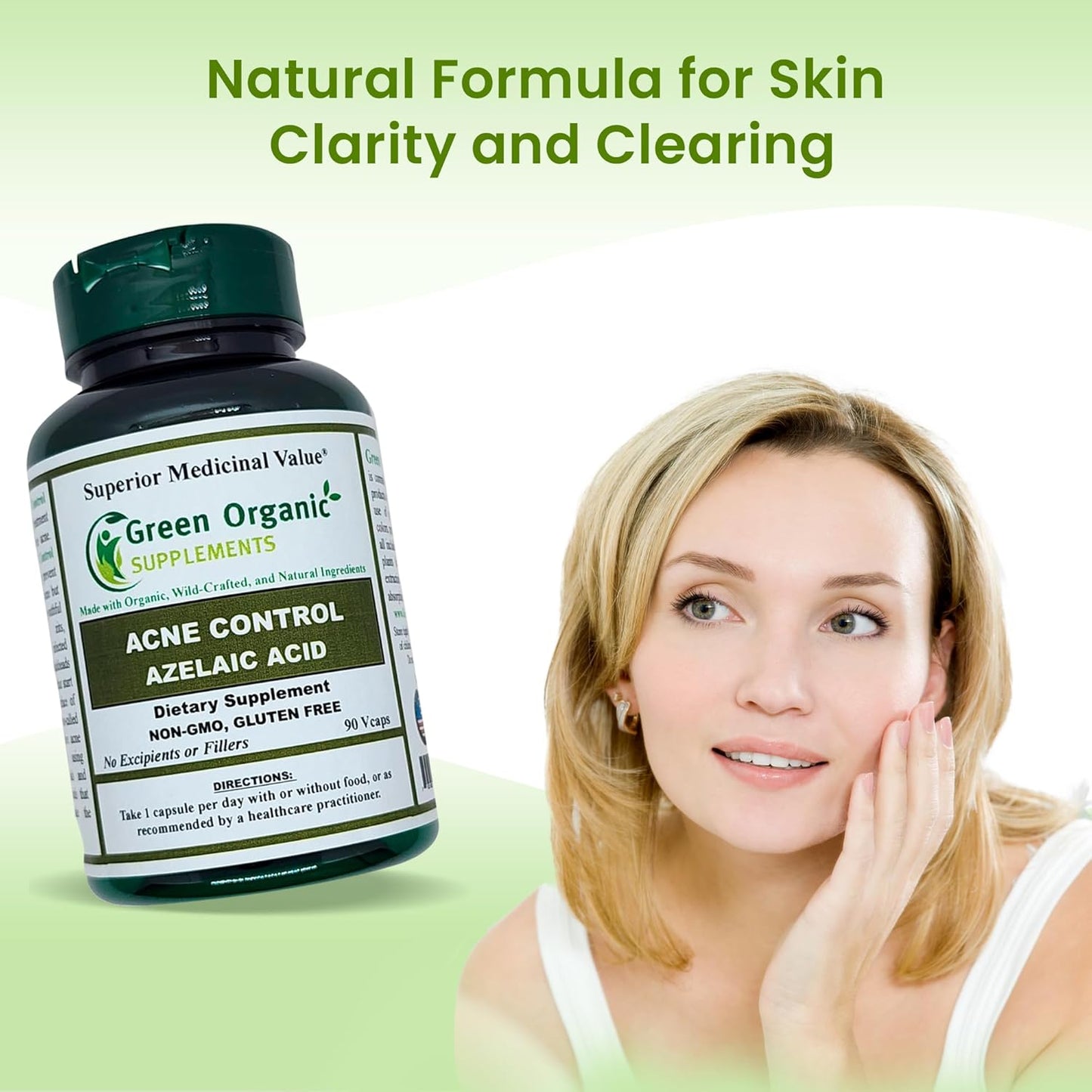 Pack of 4 Green Organic Acne Supplements with Azelaic Acid, 90 VCaps, High Absorption, Non-GMO, Gluten-Free