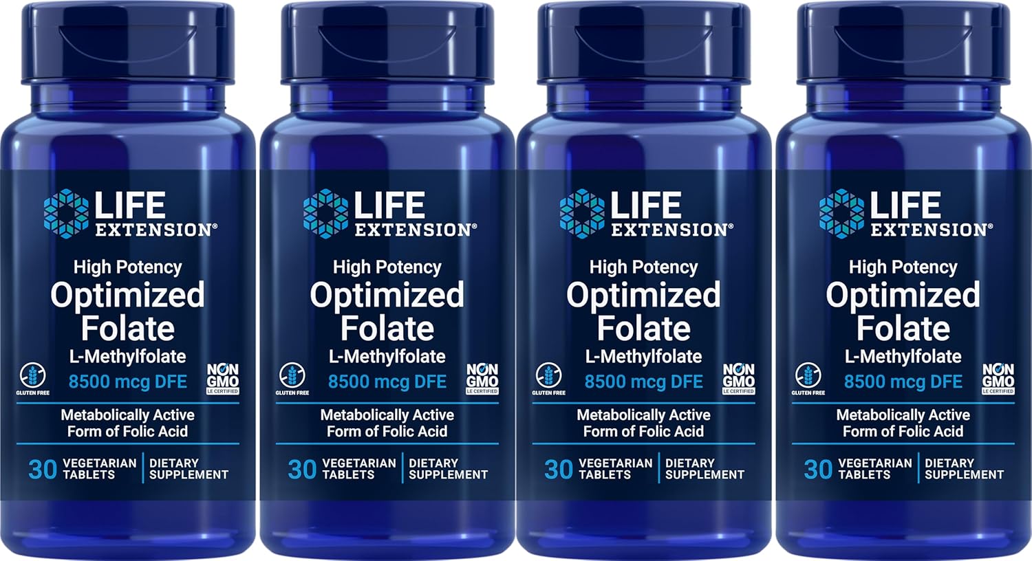 Pack of 4 Life Extension High Potency Optimized Folate 8500 mcg DFE Vegetarian Tablets