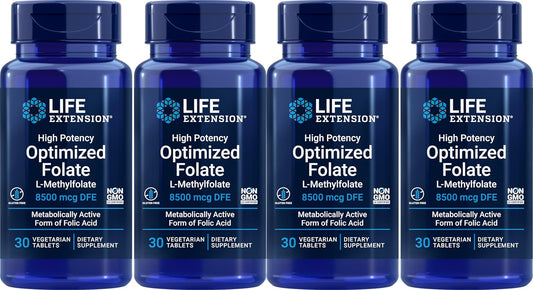 Pack of 4 Life Extension High Potency Optimized Folate 8500 mcg DFE Vegetarian Tablets