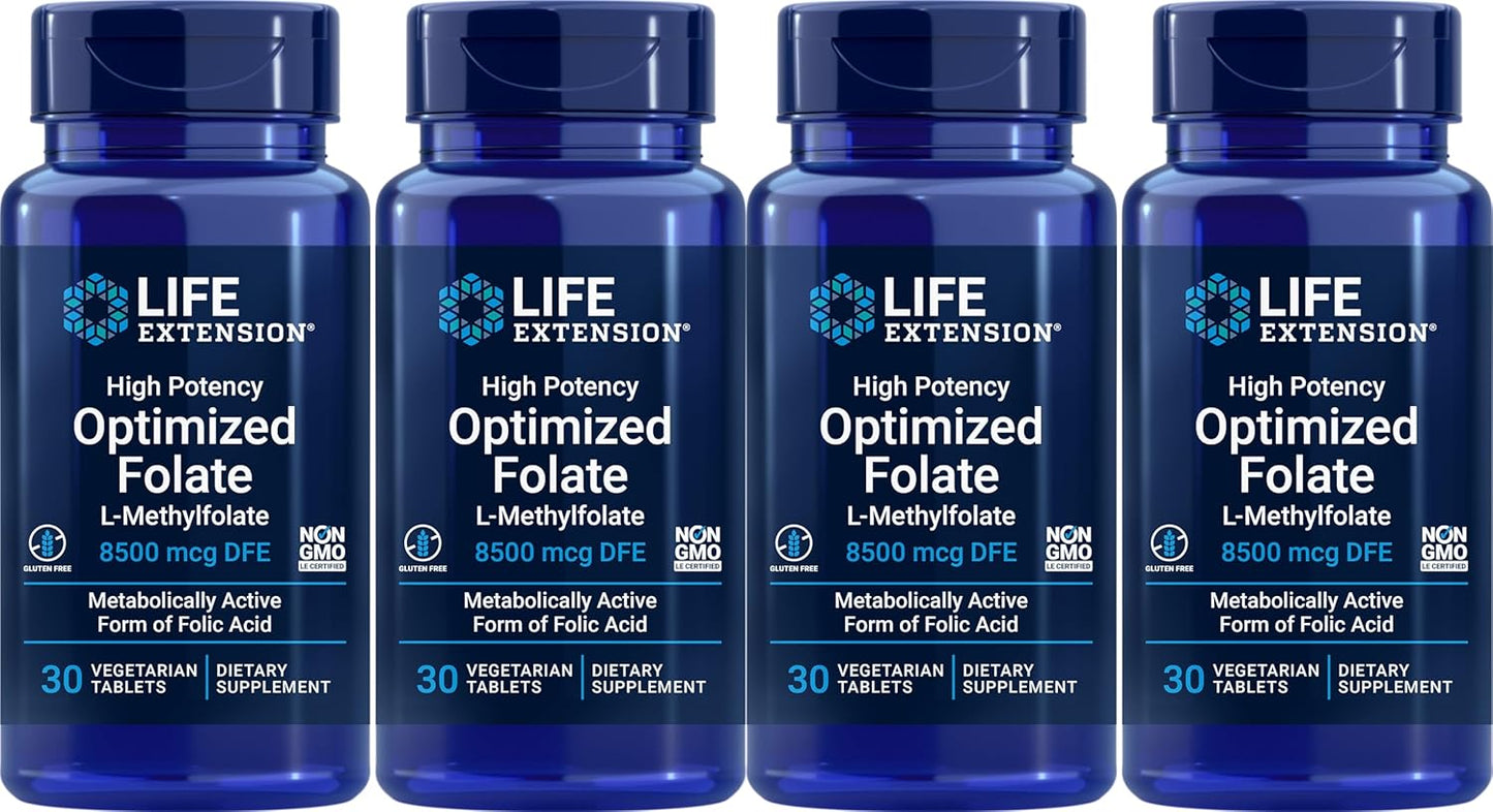 Pack of 4 Life Extension High Potency Optimized Folate 8500 mcg DFE Vegetarian Tablets
