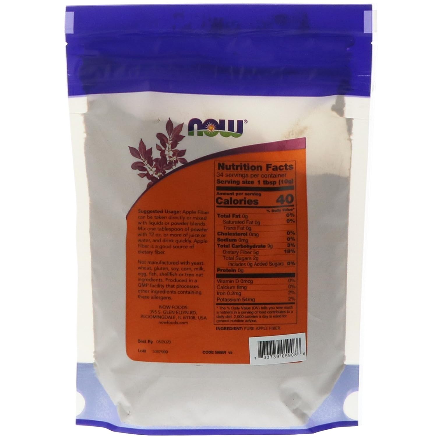 Pack of 4 NOW Apple Fiber Powder - 12-Ounce Containers for Digestive Health