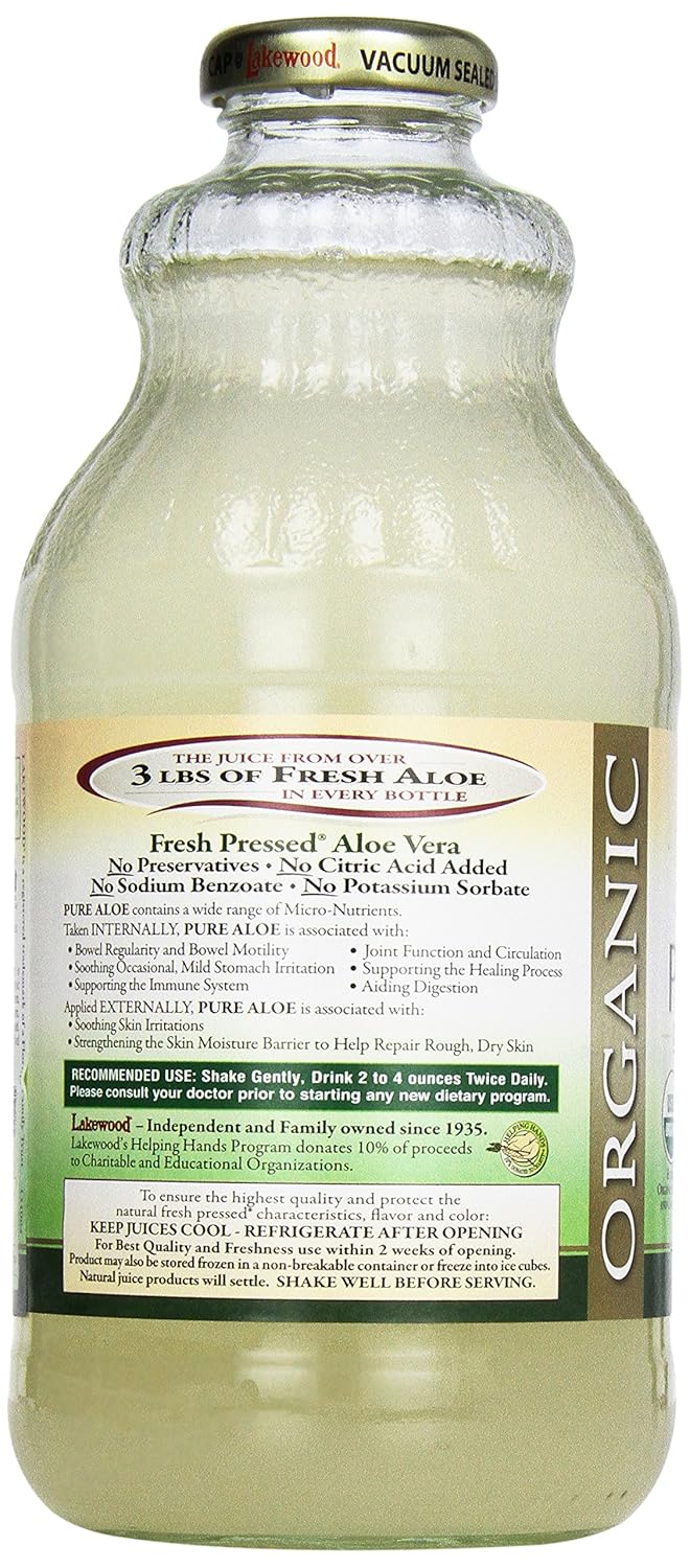 Pack of 6 Lakewood Organic Pure Aloe Inner Leaf Juice, Fresh Pressed, 32 Fl Oz Bottles