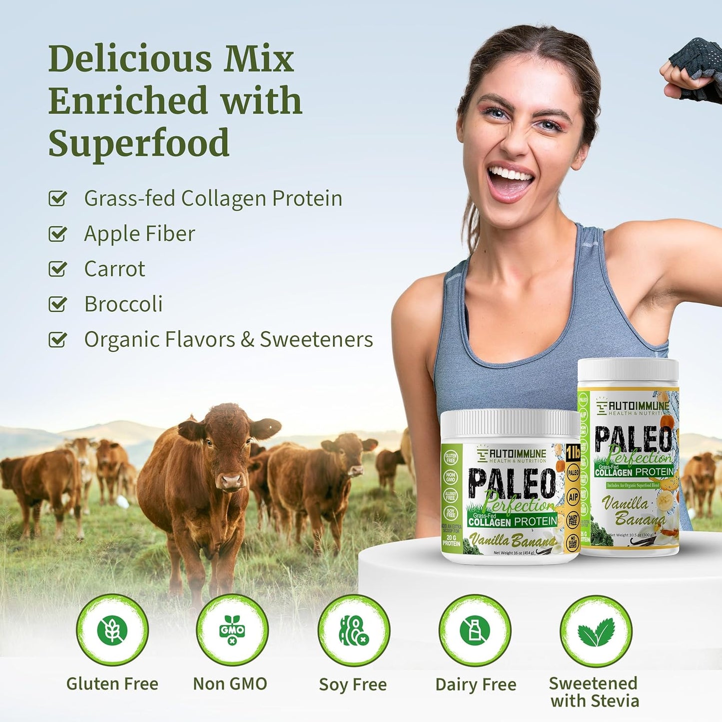 Paleo Double Chocolate Grass-Fed Beef Collagen Protein Powder with Superfoods - 1lb AIP, SCD, Keto-Friendly Powder