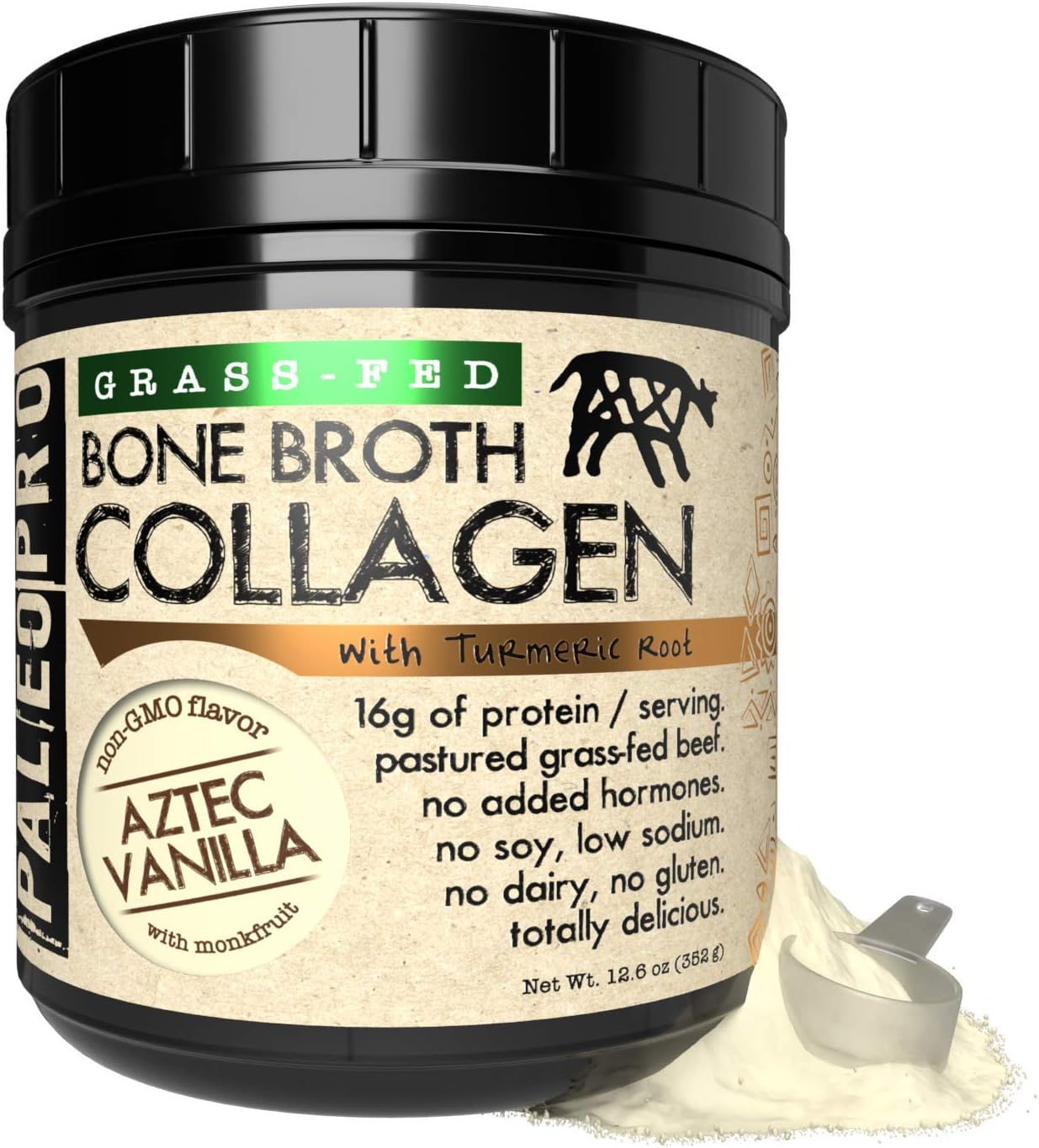 Paleo Pro Bone Broth Collagen with Turmeric Root - Grass-Fed & Pastured Beef Collagen (Aztec Vanilla Flavor) - Gluten, Dairy, and Sugar-Free - Paleo & Keto Friendly - 20 Servings