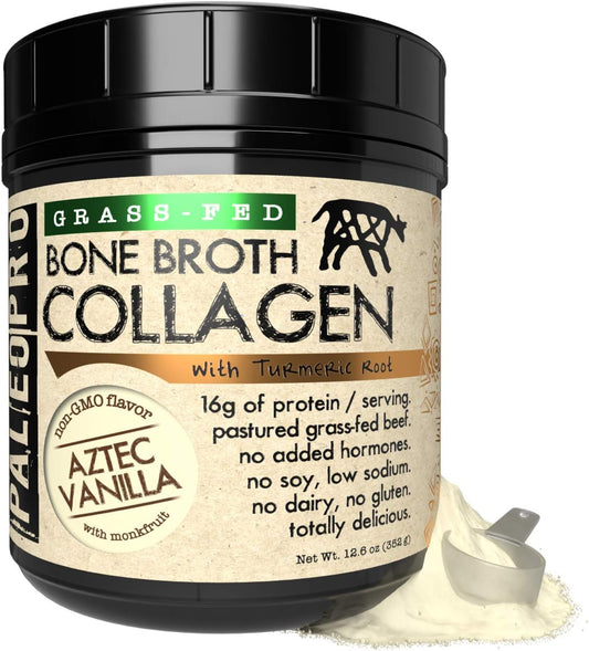 Paleo Pro Bone Broth Collagen with Turmeric Root - Grass-Fed & Pastured Beef Collagen (Aztec Vanilla Flavor) - Gluten, Dairy, and Sugar-Free - Paleo & Keto Friendly - 20 Servings