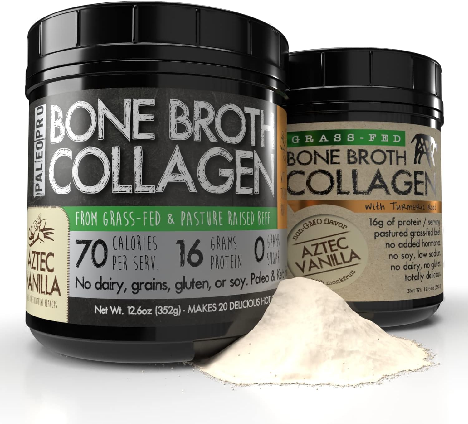 Paleo Pro Bone Broth Collagen with Turmeric Root - Grass-Fed & Pastured Beef Collagen (Aztec Vanilla Flavor) - Gluten, Dairy, and Sugar-Free - Paleo & Keto Friendly - 20 Servings
