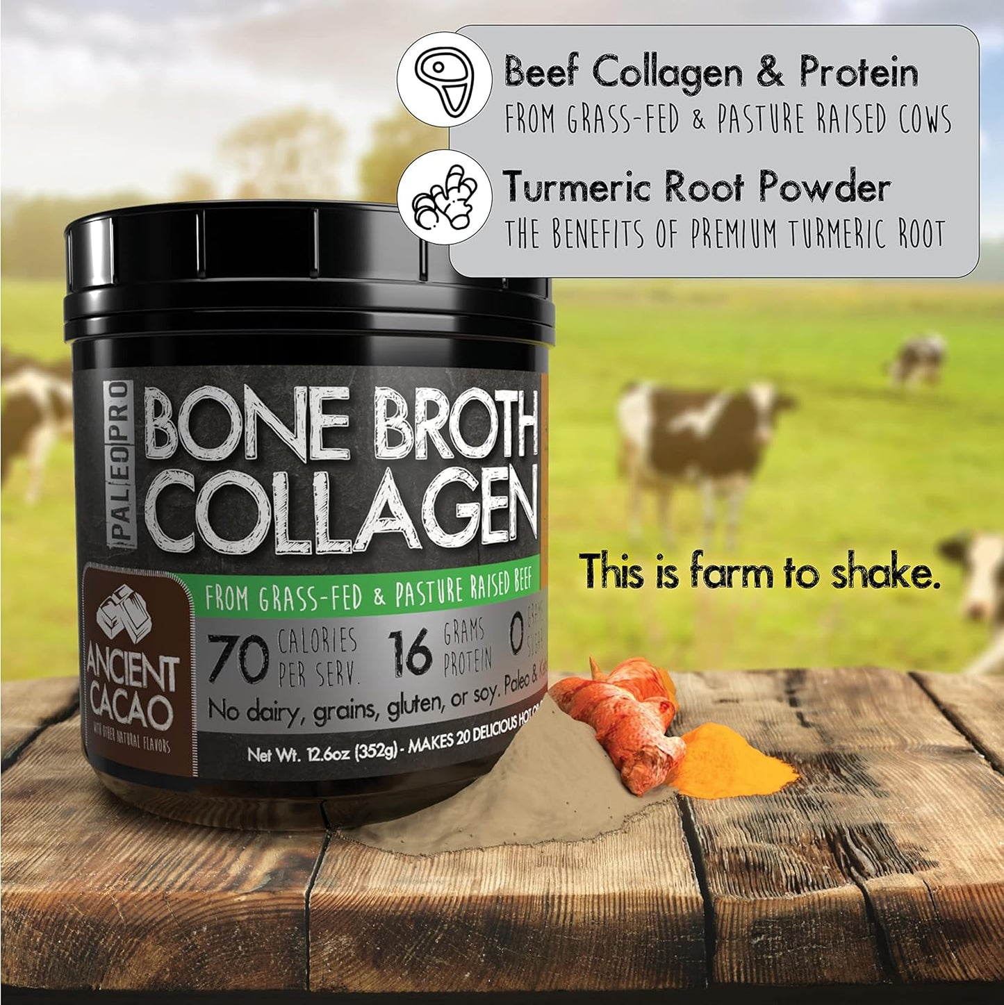 Paleo Pro Bone Broth Collagen with Turmeric Root - Grass-Fed & Pastured Beef Collagen (Aztec Vanilla Flavor) - Gluten, Dairy, and Sugar-Free - Paleo & Keto Friendly - 20 Servings