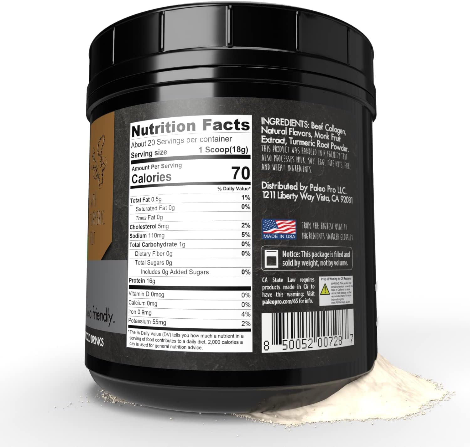 Paleo Pro Bone Broth Collagen with Turmeric Root - Grass-Fed & Pastured Beef Collagen (Aztec Vanilla Flavor) - Gluten, Dairy, and Sugar-Free - Paleo & Keto Friendly - 20 Servings