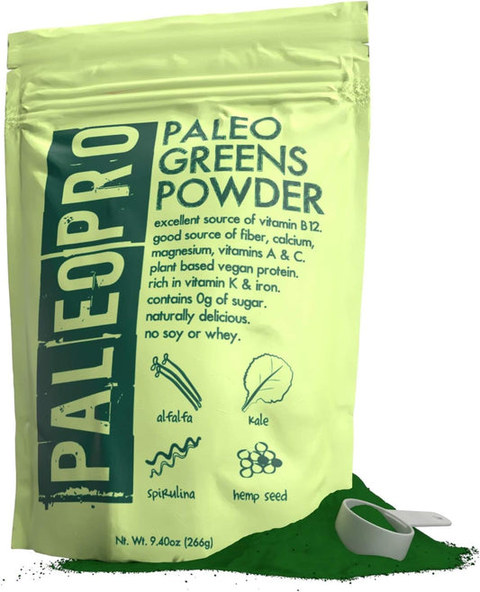 Paleo Pro PaleoPro Greens Powder: Vegan Protein, Keto Ingredients, Gluten-Free, High in Fiber, Calcium, Magnesium, Vitamins A & C, K & Iron - 9.4oz