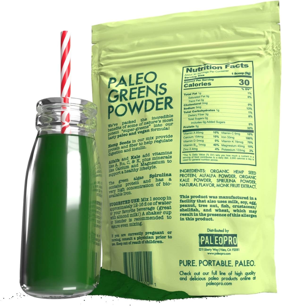 Paleo Pro PaleoPro Greens Powder: Vegan Protein, Keto Ingredients, Gluten-Free, High in Fiber, Calcium, Magnesium, Vitamins A & C, K & Iron - 9.4oz
