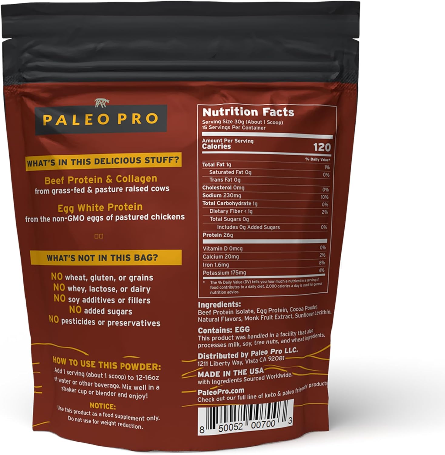 PaleoPro Grass-Fed Protein Powder - Gluten & Dairy Free, Paleo & Keto Friendly with No Sugar, Soy, Grains, or Net Carbs - Ancient Cacao Flavor - 15 Servings - 16 oz