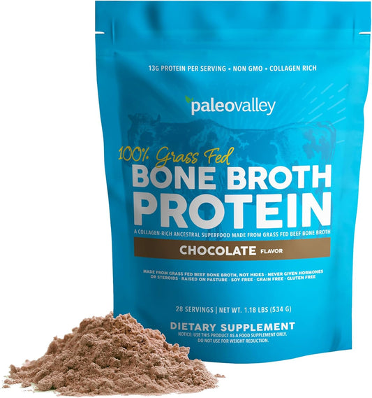 Paleovalley Grass-Fed Bone Broth Protein Powder in Chocolate Flavor - Supports Hair, Skin, Gut Health, and Joint Function - 28 Servings