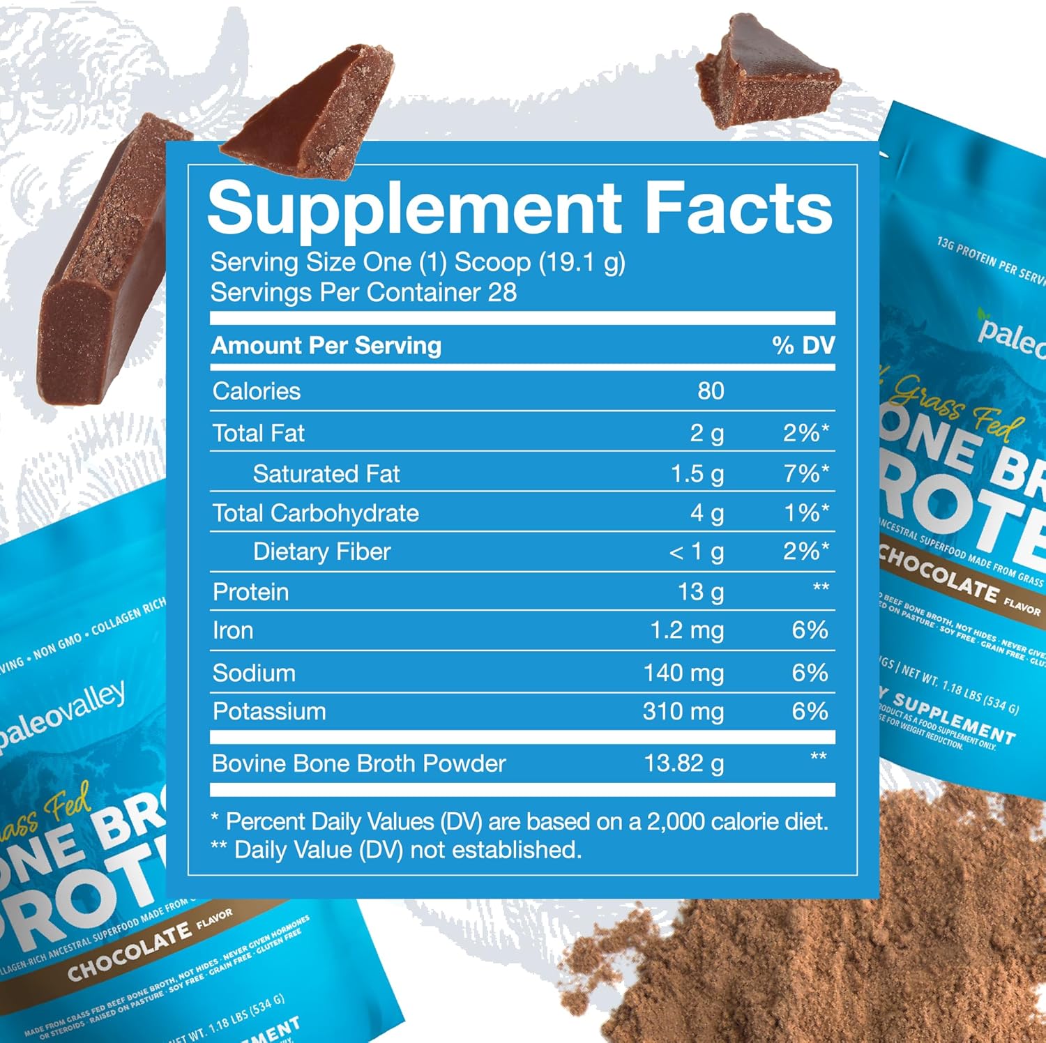 Paleovalley Grass-Fed Bone Broth Protein Powder in Chocolate Flavor - Supports Hair, Skin, Gut Health, and Joint Function - 28 Servings