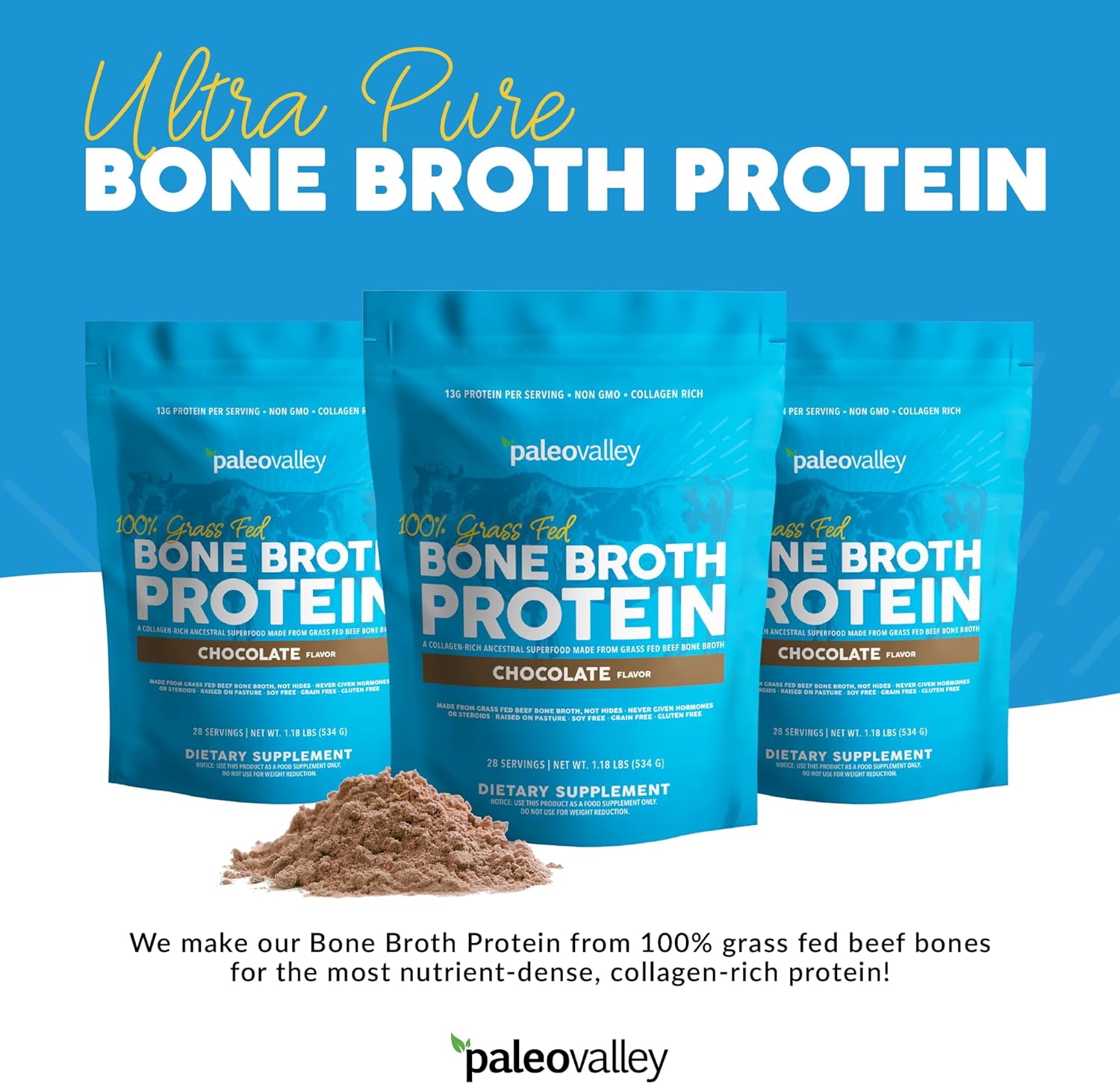 Paleovalley Grass-Fed Bone Broth Protein Powder in Chocolate Flavor - Supports Hair, Skin, Gut Health, and Joint Function - 28 Servings