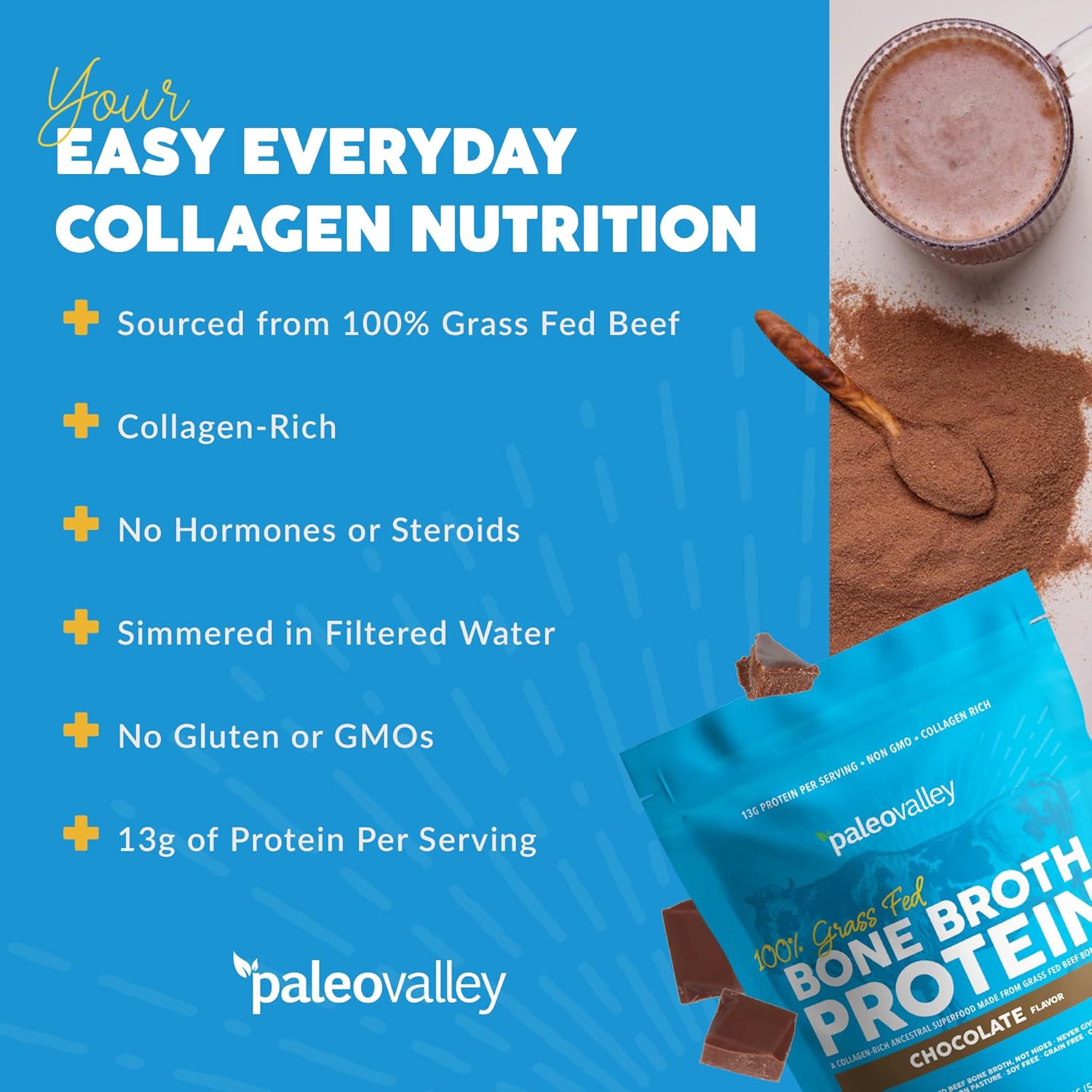 Paleovalley Grass-Fed Bone Broth Protein Powder in Chocolate Flavor - Supports Hair, Skin, Gut Health, and Joint Function - 28 Servings