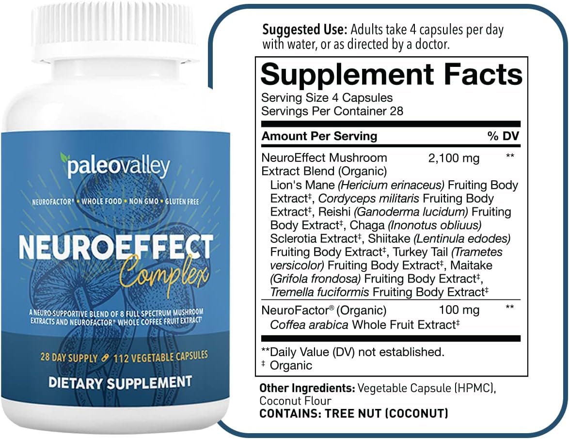 Paleovalley NeuroEffect: Focus, Memory, and Energy Support Supplement with 8 Mushroom and Coffee Fruit Extracts - 28-Day Supply